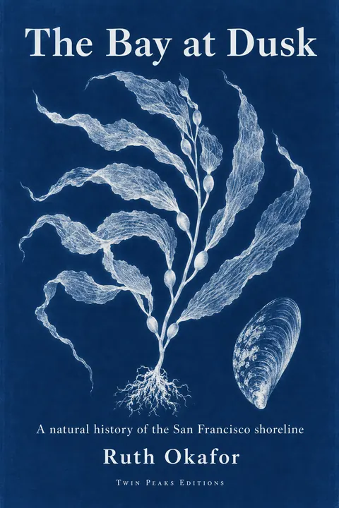 Cyanotype / Blueprint style book cover for a fictional nonfiction: The Bay at Dusk