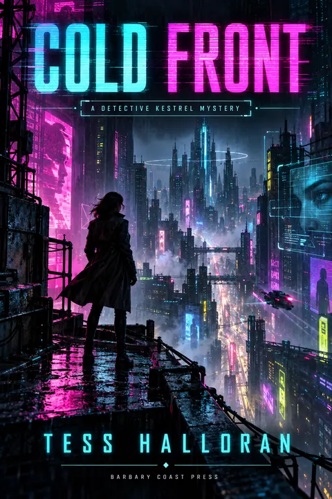 Cyberpunk style book cover for a fictional fiction: Cold Front