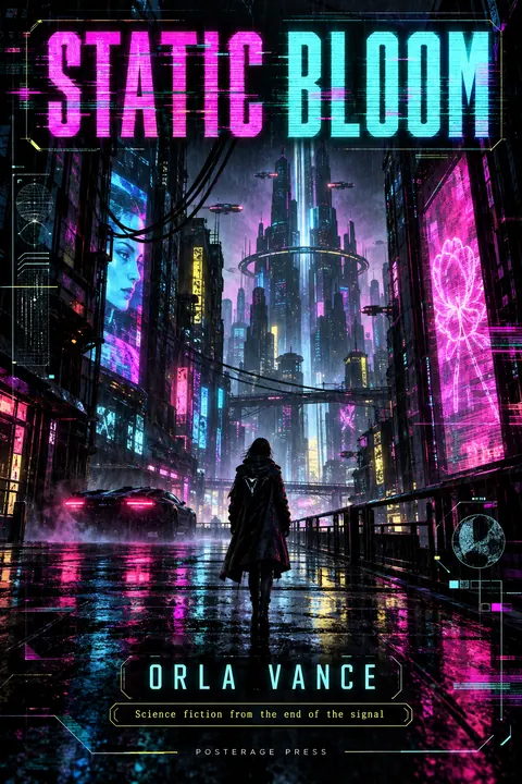 Cyberpunk style book cover for a fictional fiction: Static Bloom