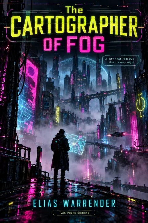 Cyberpunk style book cover for a fictional fiction: The Cartographer of Fog