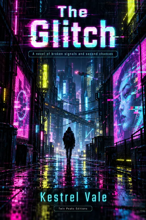 Cyberpunk style book cover for a fictional fiction: The Glitch