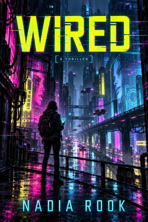 Cyberpunk style book cover for a fictional fiction: Wired