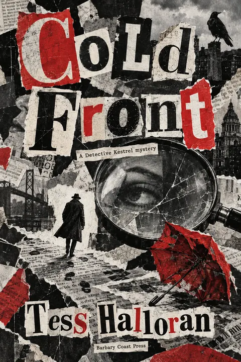 Dada Collage style book cover for a fictional fiction: Cold Front