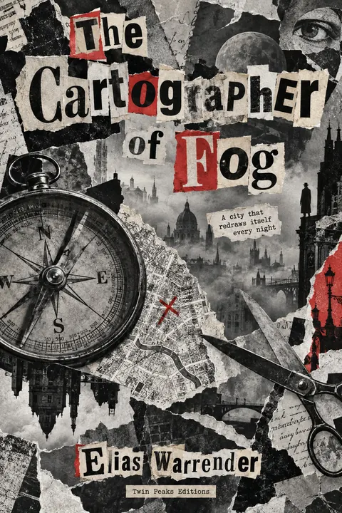 Dada Collage style book cover for a fictional fiction: The Cartographer of Fog
