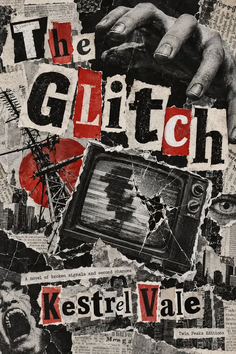 Dada Collage style book cover for a fictional fiction: The Glitch