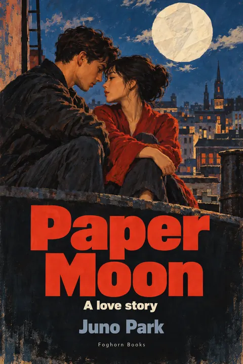 East German DEFA Film Poster style book cover for a fictional fiction: Paper Moon