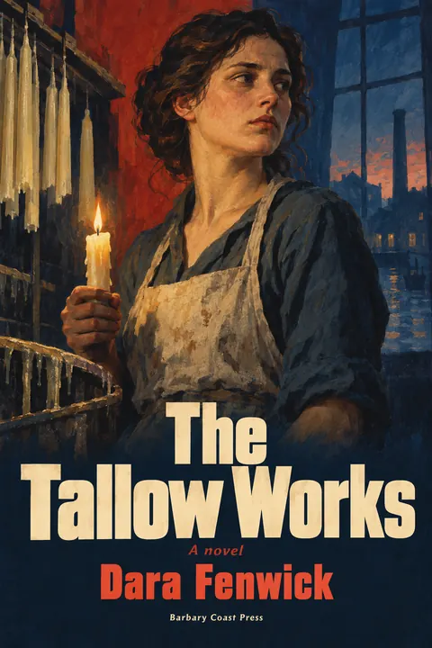 East German DEFA Film Poster style book cover for a fictional fiction: The Tallow Works
