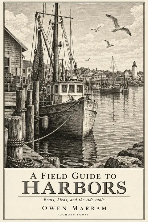Etching / Engraving style book cover for a fictional nonfiction: A Field Guide to Harbors
