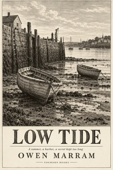 Etching / Engraving style book cover for a fictional fiction: Low Tide