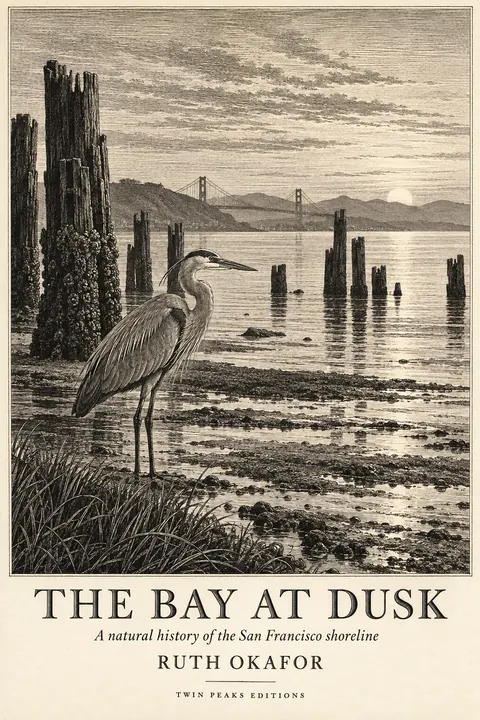 Etching / Engraving style book cover for a fictional nonfiction: The Bay at Dusk