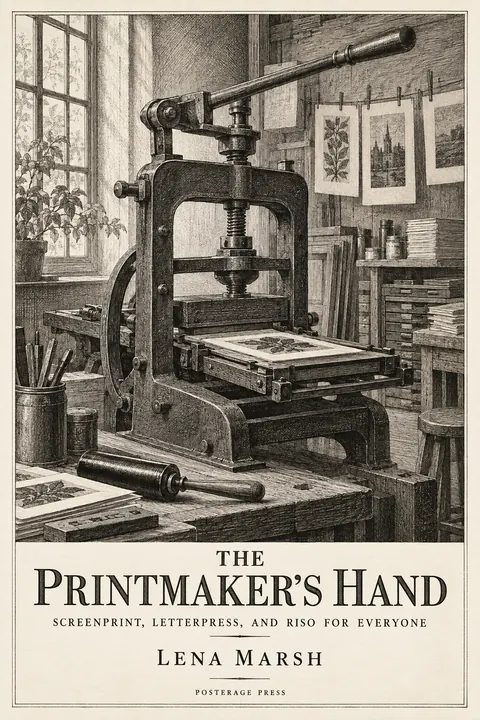 Etching / Engraving style book cover for a fictional nonfiction: The Printmaker's Hand