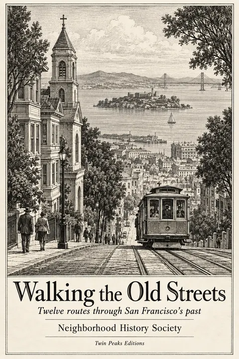 Etching / Engraving style book cover for a fictional nonfiction: Walking the Old Streets