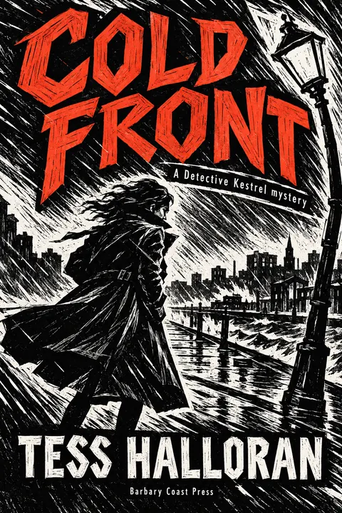 Expressionist Woodcut style book cover for a fictional fiction: Cold Front