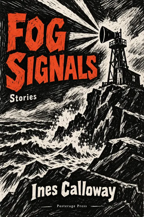 Expressionist Woodcut style book cover for a fictional fiction: Fog Signals