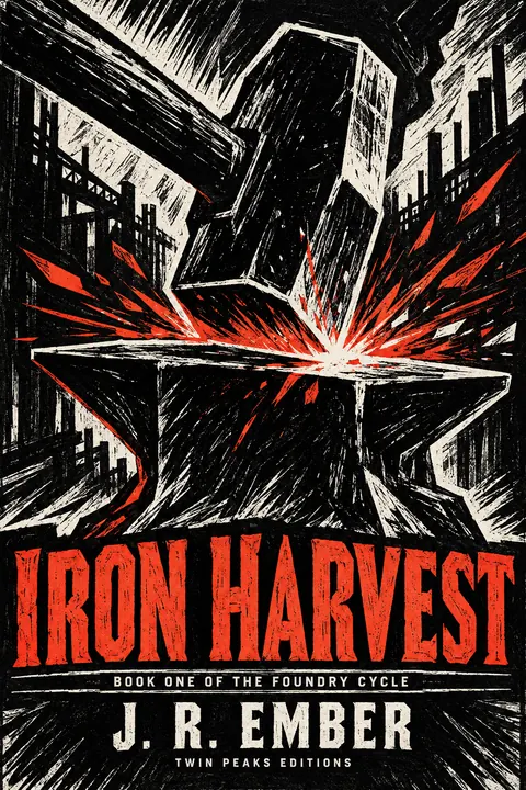 Expressionist Woodcut style book cover for a fictional fiction: Iron Harvest