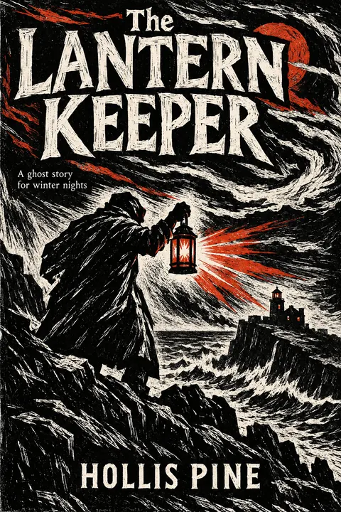 Expressionist Woodcut style book cover for a fictional fiction: The Lantern Keeper