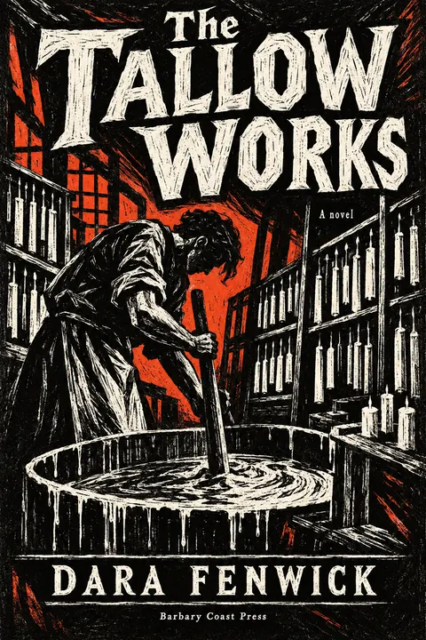 Expressionist Woodcut style book cover for a fictional fiction: The Tallow Works