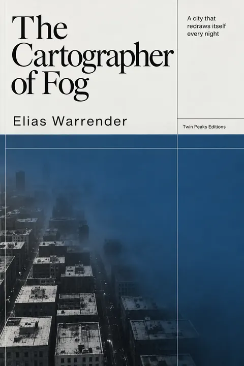 Factory Records / Haçienda style book cover for a fictional fiction: The Cartographer of Fog