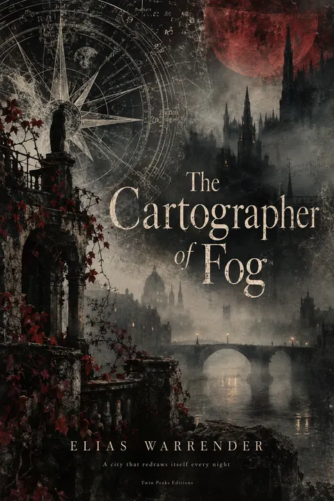 4AD Records style book cover for a fictional fiction: The Cartographer of Fog