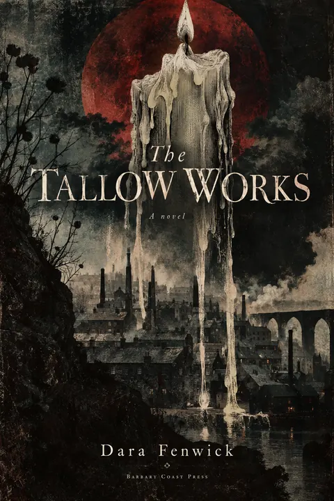 4AD Records style book cover for a fictional fiction: The Tallow Works