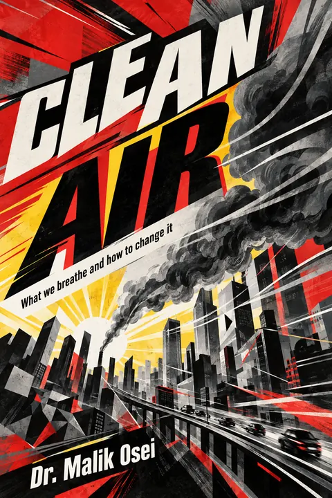 Futurist style book cover for a fictional nonfiction: Clean Air