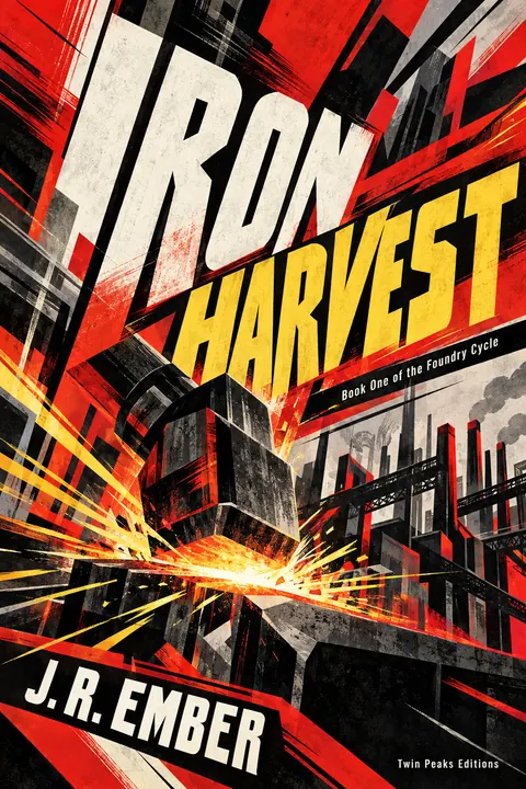 Futurist style book cover for a fictional fiction: Iron Harvest