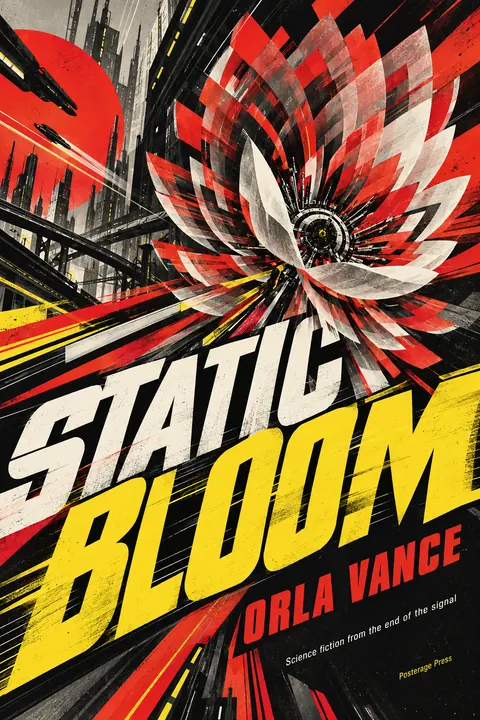 Futurist style book cover for a fictional fiction: Static Bloom