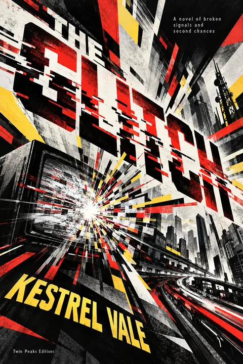 Futurist style book cover for a fictional fiction: The Glitch