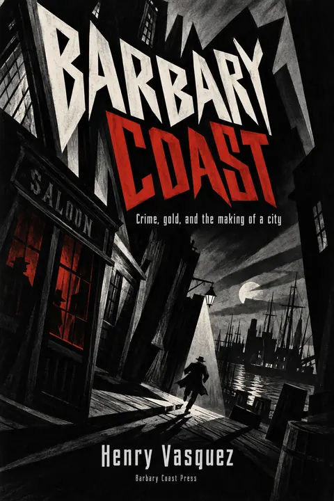 German Expressionist Film Poster style book cover for a fictional nonfiction: Barbary Coast