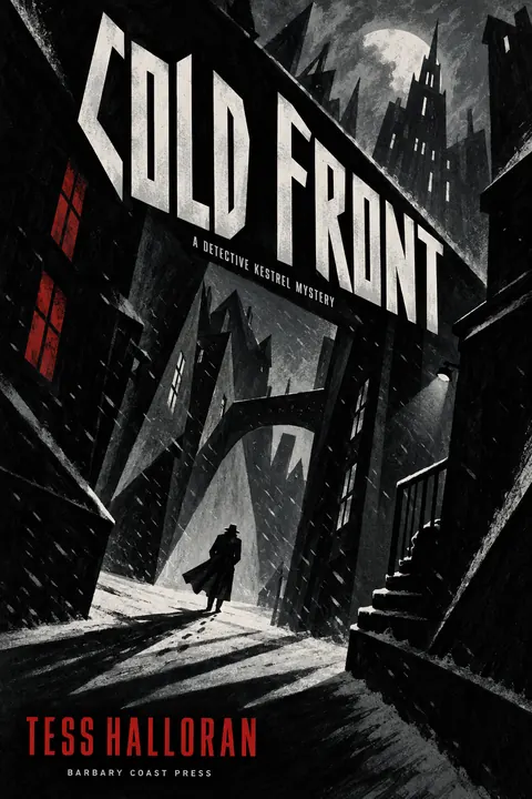 German Expressionist Film Poster style book cover for a fictional fiction: Cold Front