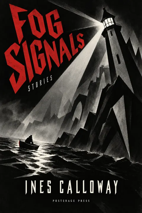 German Expressionist Film Poster style book cover for a fictional fiction: Fog Signals