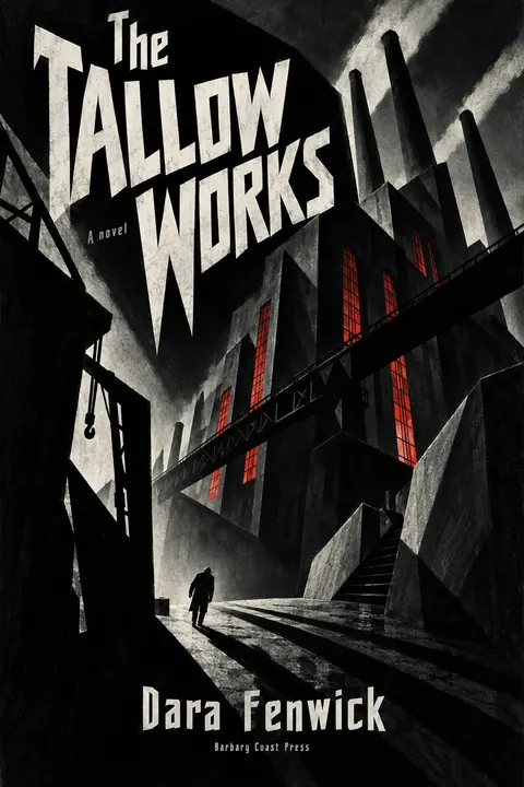 German Expressionist Film Poster style book cover for a fictional fiction: The Tallow Works