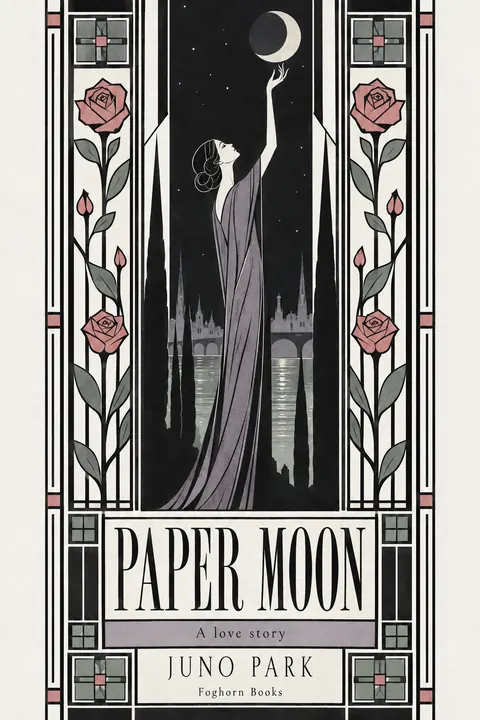 Glasgow Style style book cover for a fictional fiction: Paper Moon