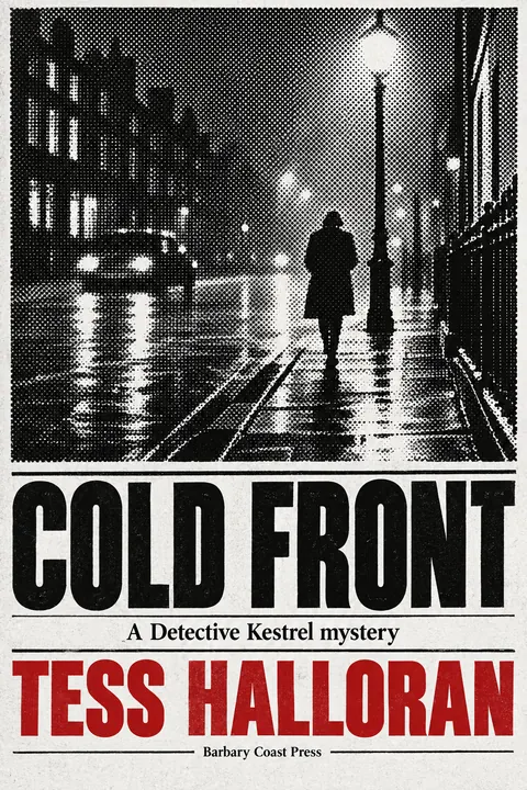 Halftone / Newsprint style book cover for a fictional fiction: Cold Front