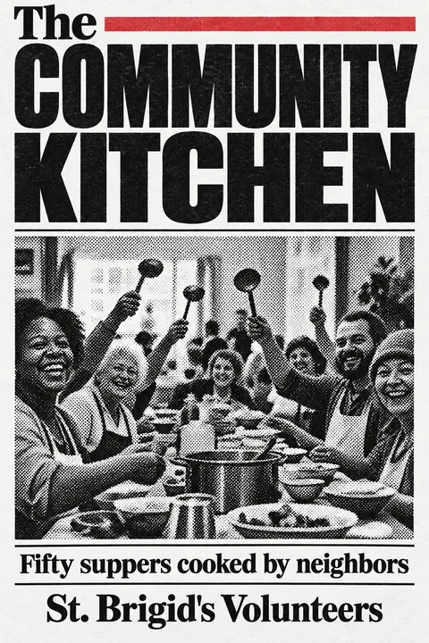 Halftone / Newsprint style book cover for a fictional nonfiction: The Community Kitchen