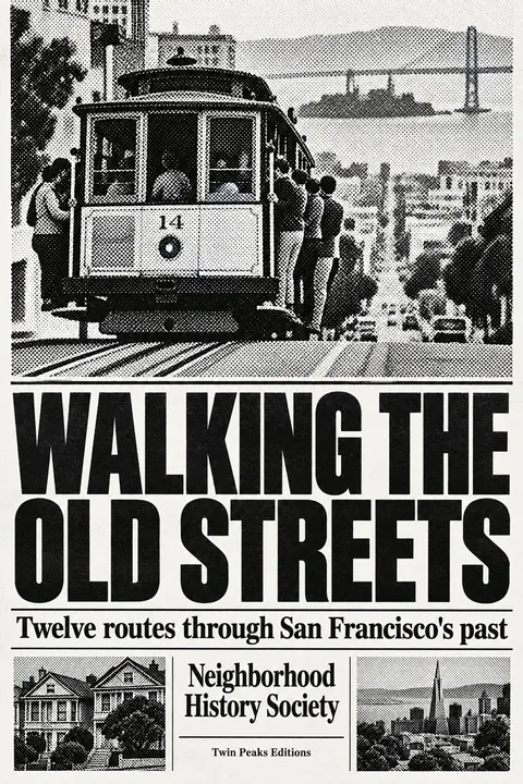Halftone / Newsprint style book cover for a fictional nonfiction: Walking the Old Streets