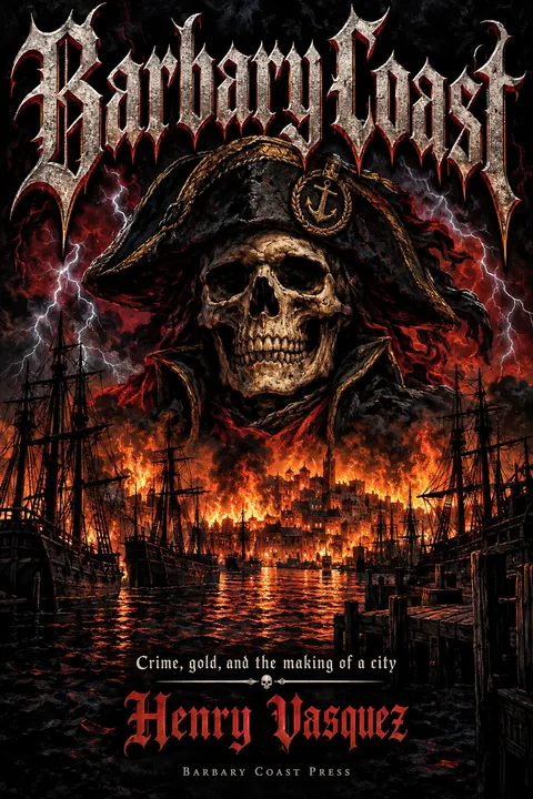 Heavy Metal Concert Poster style book cover for a fictional nonfiction: Barbary Coast