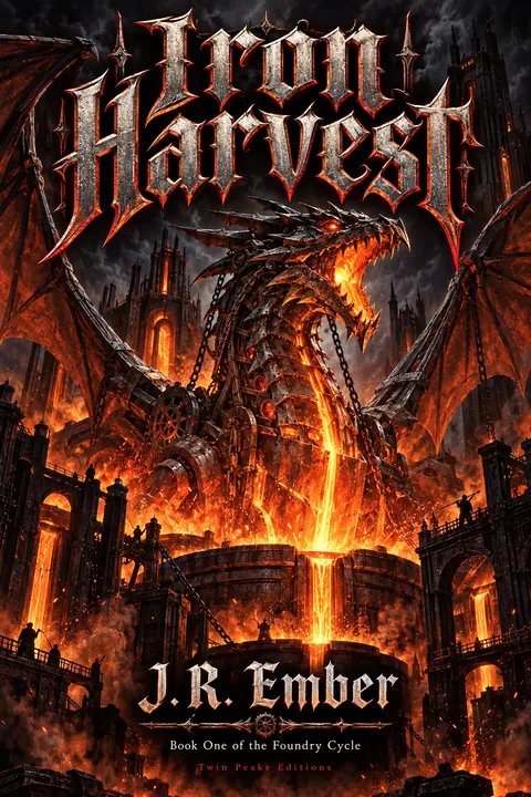 Heavy Metal Concert Poster style book cover for a fictional fiction: Iron Harvest