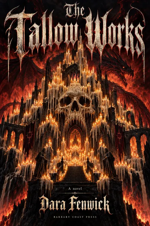 Heavy Metal Concert Poster style book cover for a fictional fiction: The Tallow Works