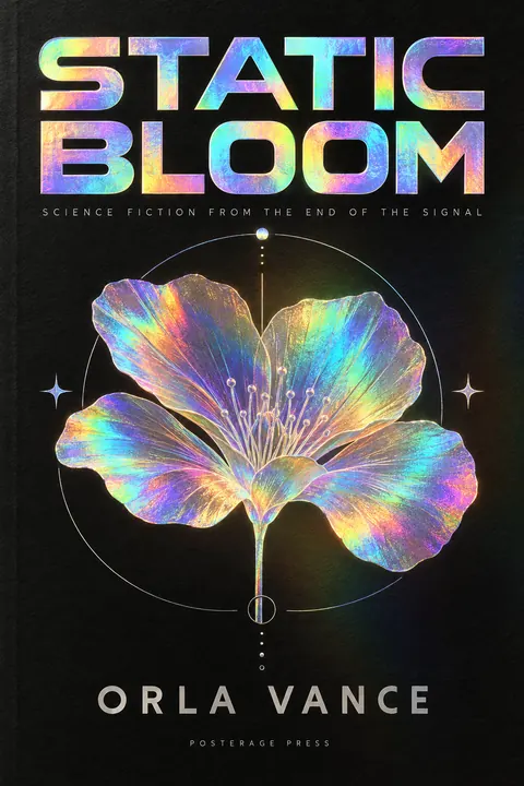 Holographic Foil style book cover for a fictional fiction: Static Bloom