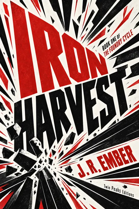 Italian Futurist Typography style book cover for a fictional fiction: Iron Harvest