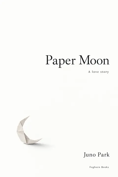 Japanese Minimal Poster style book cover for a fictional fiction: Paper Moon