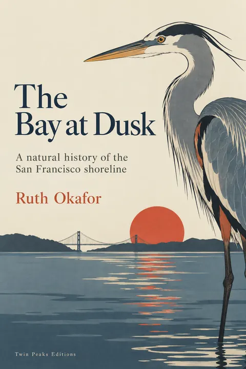 Japonisme style book cover for a fictional nonfiction: The Bay at Dusk
