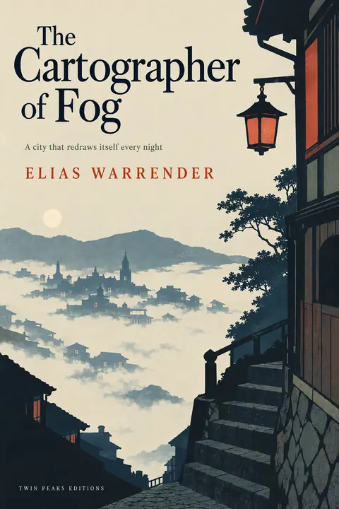 Japonisme style book cover for a fictional fiction: The Cartographer of Fog