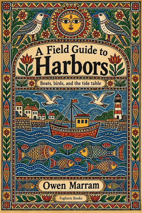 Madhubani / Indian Folk Art style book cover for a fictional nonfiction: A Field Guide to Harbors