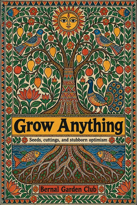 Madhubani / Indian Folk Art style book cover for a fictional nonfiction: Grow Anything