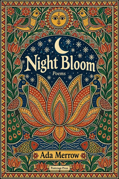 Madhubani / Indian Folk Art style book cover for a fictional fiction: Night Bloom