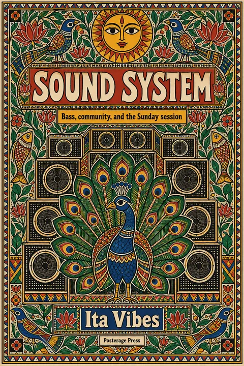 Madhubani / Indian Folk Art style book cover for a fictional nonfiction: Sound System