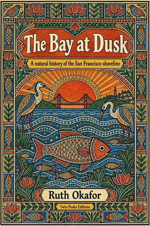 Madhubani / Indian Folk Art style book cover for a fictional nonfiction: The Bay at Dusk