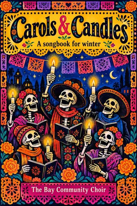 Mexican Calavera / Posada style book cover for a fictional nonfiction: Carols & Candles